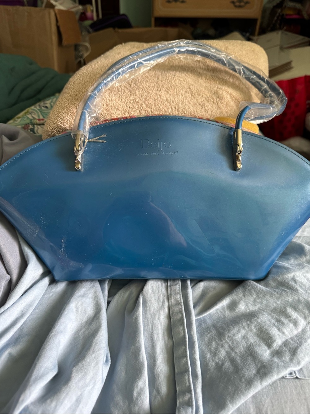Beijo Glossy Blue Patent Satchel with Top Handles